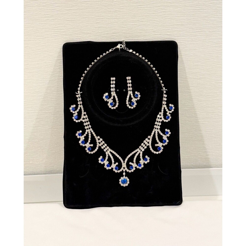 Silver-Tone & Sapphire Blue Rhinestone Statement Necklace & Earring Jewelry Set